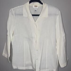 Talbots Irish Linen Womens Size 14 Cream 3/4 Sleeve Button Up lightweight Blouse